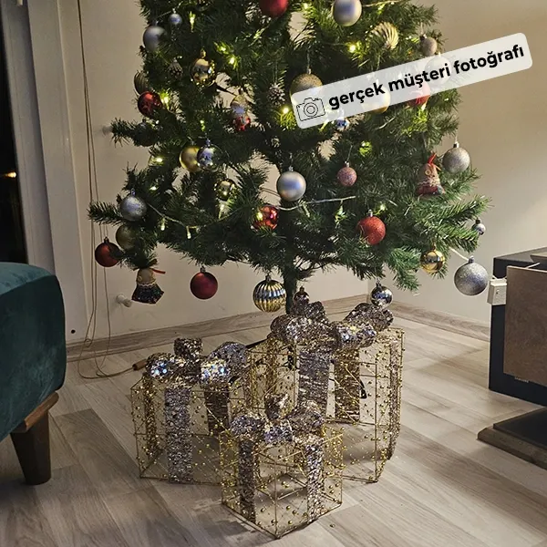 Yılbaşı Hediye Paketi Metal - Payetli Lüks Gold 3lü Set