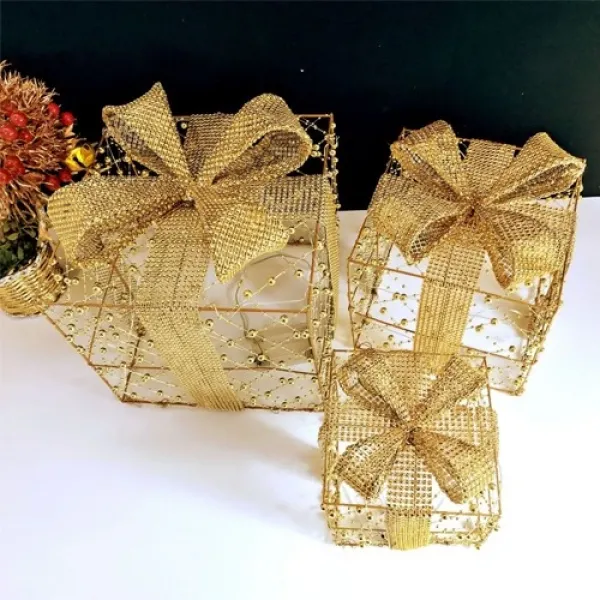 Yılbaşı Hediye Paketi Metal - Payetli Lüks Gold 3lü Set