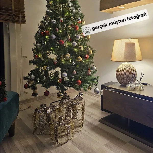 Yılbaşı Hediye Paketi Metal - Payetli Lüks Gold 3lü Set