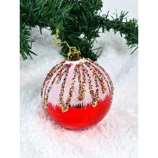 Yılbaşı Lüks Top Süs Kırmızı Simli 6 Adet 8 cm