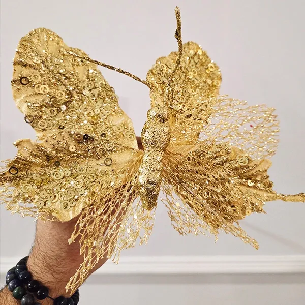 Yılbaşı Ponsetya Yapay Çiçek Gold Kelebekli (25 cm - 1 Adet)