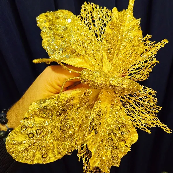 Yılbaşı Ponsetya Yapay Çiçek Gold Kelebekli (25 cm - 1 Adet)