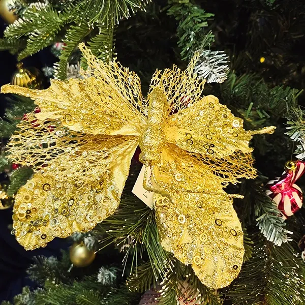 Yılbaşı Ponsetya Yapay Çiçek Gold Kelebekli (25 cm - 1 Adet)