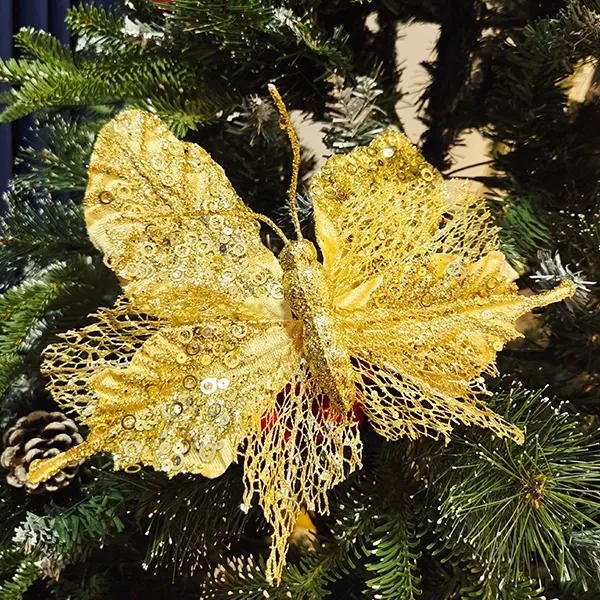 Yılbaşı Ponsetya Yapay Çiçek Gold Kelebekli (25 cm - 1 Adet)