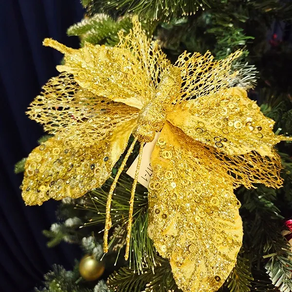 Yılbaşı Ponsetya Yapay Çiçek Gold Kelebekli (25 cm - 1 Adet)