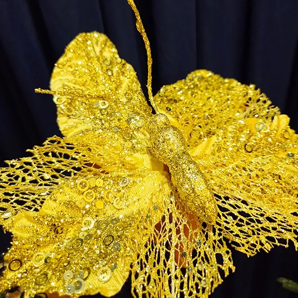Yılbaşı Ponsetya Yapay Çiçek Gold Kelebekli (25 cm - 1 Adet)