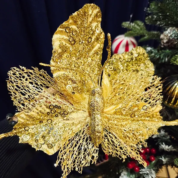 Yılbaşı Ponsetya Yapay Çiçek Gold Kelebekli (25 cm - 1 Adet)