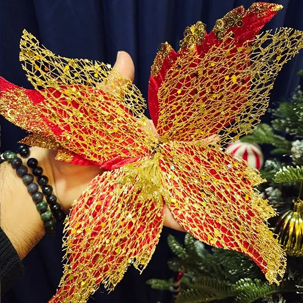 Yılbaşı Ponsetya Yapay Çiçek Kırmızı - Gold (30 cm - 1 Adet)