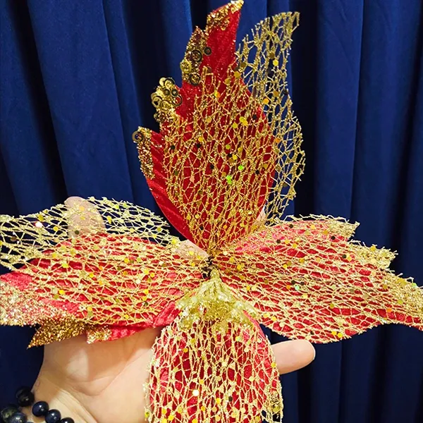 Yılbaşı Ponsetya Yapay Çiçek Kırmızı - Gold (30 cm - 1 Adet)