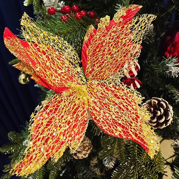 Yılbaşı Ponsetya Yapay Çiçek Kırmızı - Gold (30 cm - 1 Adet)