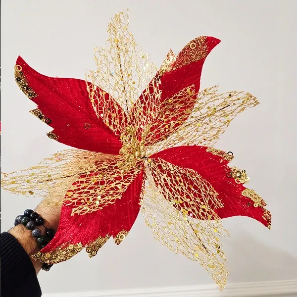 Yılbaşı Ponsetya Yapay Çiçek Kırmızı - Gold (30 cm - 1 Adet)