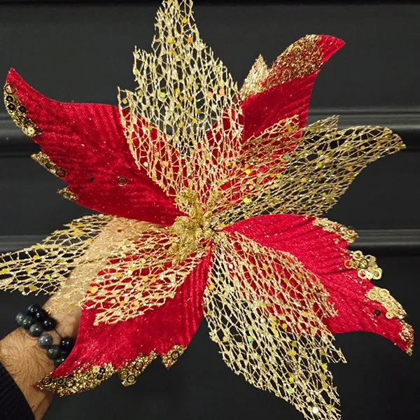 Yılbaşı Ponsetya Yapay Çiçek Kırmızı - Gold (30 cm - 1 Adet)