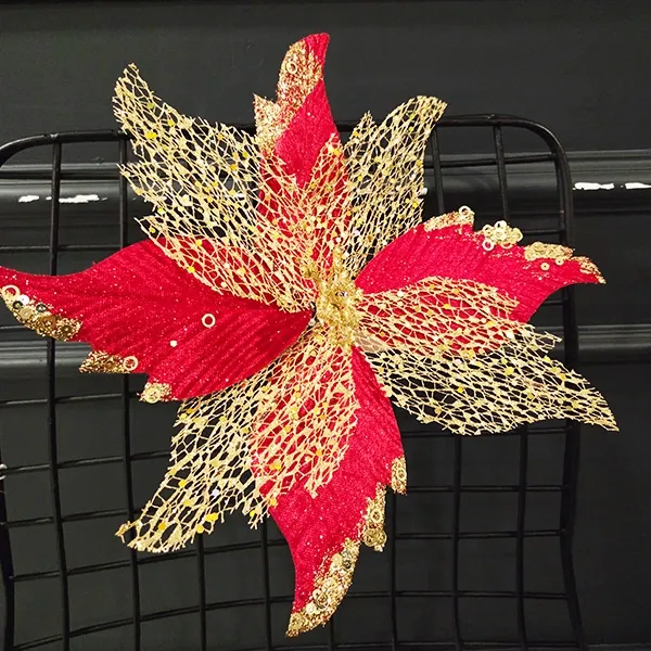 Yılbaşı Ponsetya Yapay Çiçek Kırmızı - Gold (30 cm - 1 Adet)
