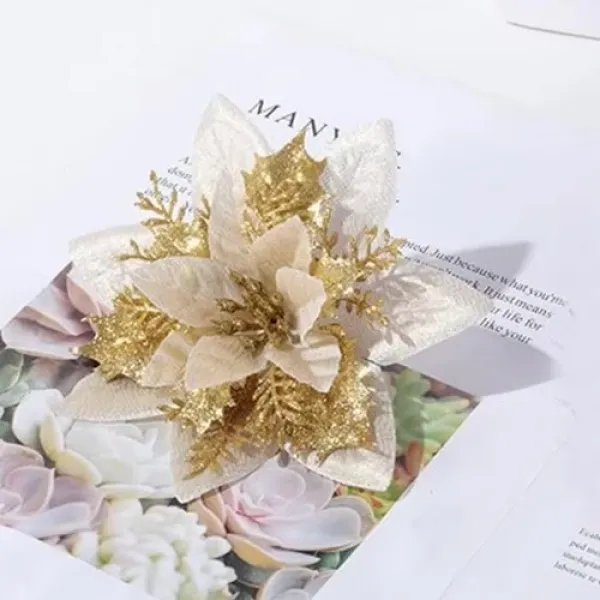 Yılbaşı Ponsetya Yapay Çiçek Simli Gold 13 cm 1 Adet