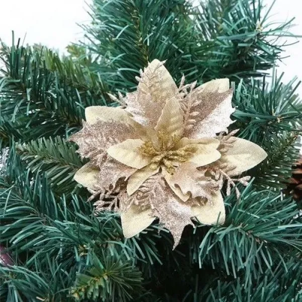 Yılbaşı Ponsetya Yapay Çiçek Simli Gold 13 cm 1 Adet