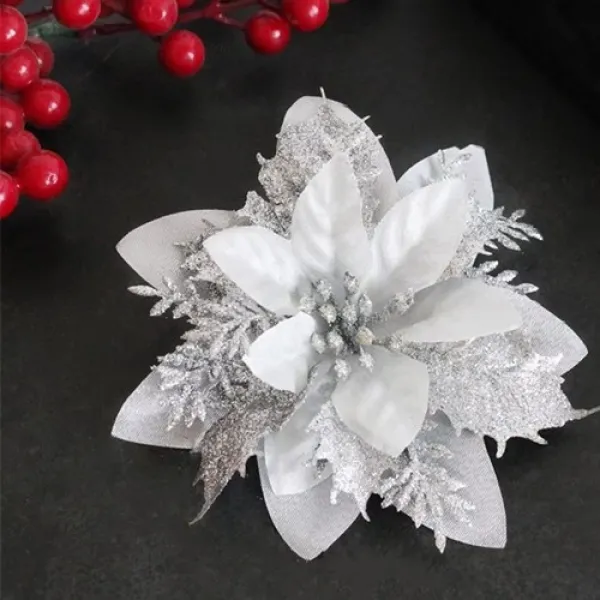 Yılbaşı Ponsetya Yapay Çiçek Simli Gümüş 13 cm 1 Adet