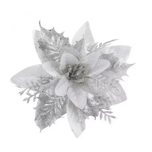 Yılbaşı Ponsetya Yapay Çiçek Simli Gümüş 13 cm 1 Adet