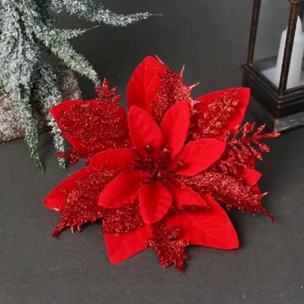 Yılbaşı Ponsetya Yapay Çiçek Simli Kırmızı 13 cm 1 Adet
