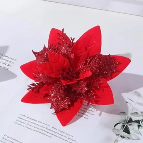 Yılbaşı Ponsetya Yapay Çiçek Simli Kırmızı 13 cm 1 Adet