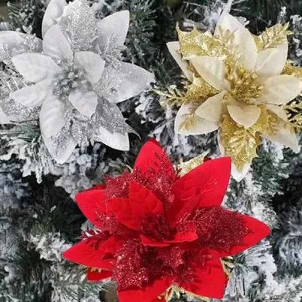 Yılbaşı Ponsetya Yapay Çiçek Simli Kırmızı 13 cm 1 Adet