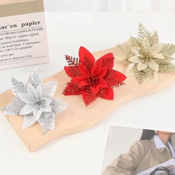 Yılbaşı Ponsetya Yapay Çiçek Simli Kırmızı 13 cm 1 Adet