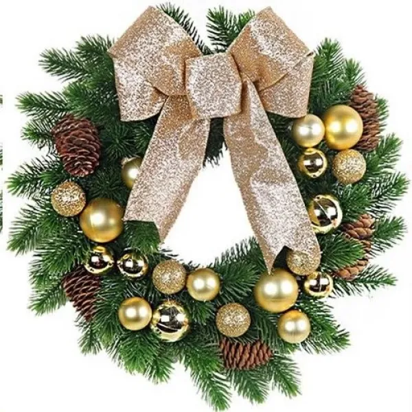 Yılbaşı Top - Kozalak - Fiyonklu Çelenk Kapı Süsü Gold 33 cm