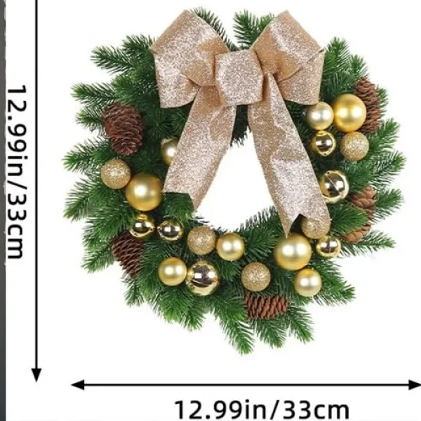 Yılbaşı Top - Kozalak - Fiyonklu Çelenk Kapı Süsü Gold 33 cm