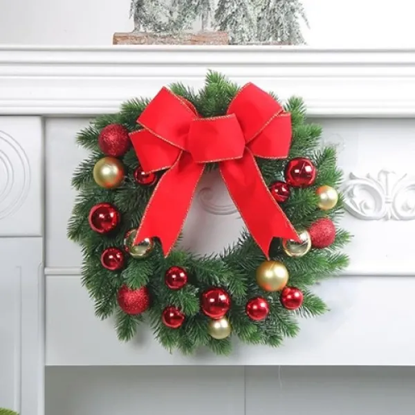 Yılbaşı Top - Kozalak - Fiyonklu Çelenk Kapı Süsü Kırmızı 33 cm