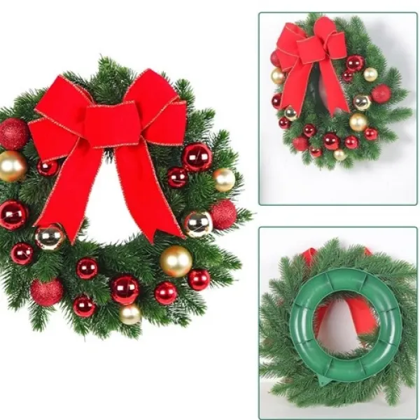 Yılbaşı Top - Kozalak - Fiyonklu Çelenk Kapı Süsü Kırmızı 33 cm