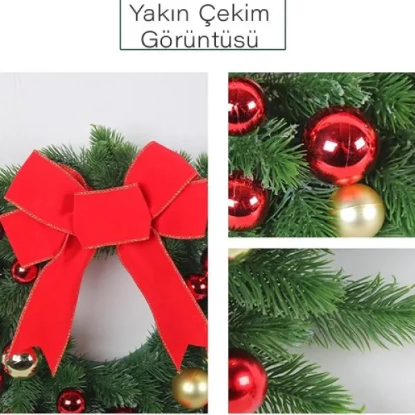 Yılbaşı Top - Kozalak - Fiyonklu Çelenk Kapı Süsü Kırmızı 33 cm