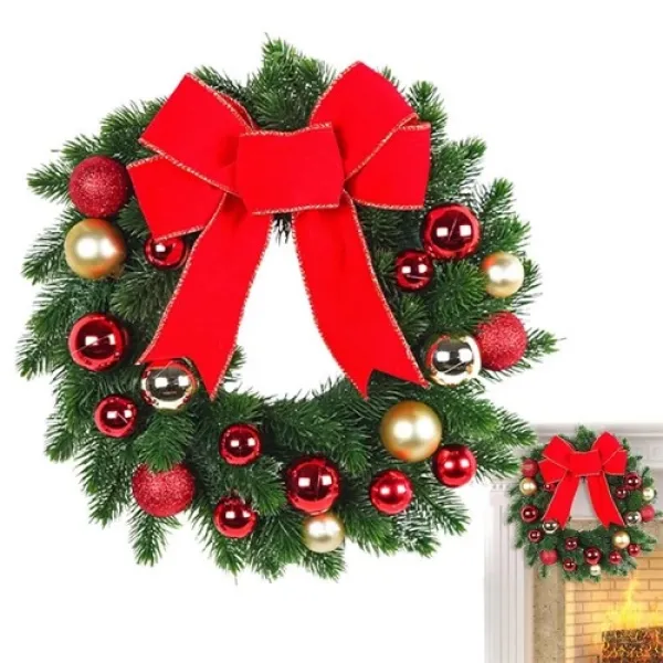 Yılbaşı Top - Kozalak - Fiyonklu Çelenk Kapı Süsü Kırmızı 33 cm