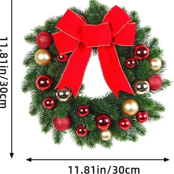 Yılbaşı Top - Kozalak - Fiyonklu Çelenk Kapı Süsü Kırmızı 33 cm