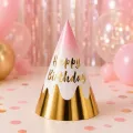 Happy Birthday Parti Şapkası Fuşya-Gold (21x14 cm)