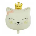 Krem Rengi Kedi Taçlı Folyo Balon 51x54 cm