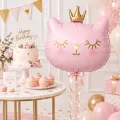 Pembe Kedi Taçlı Folyo Balon (48x52 cm)