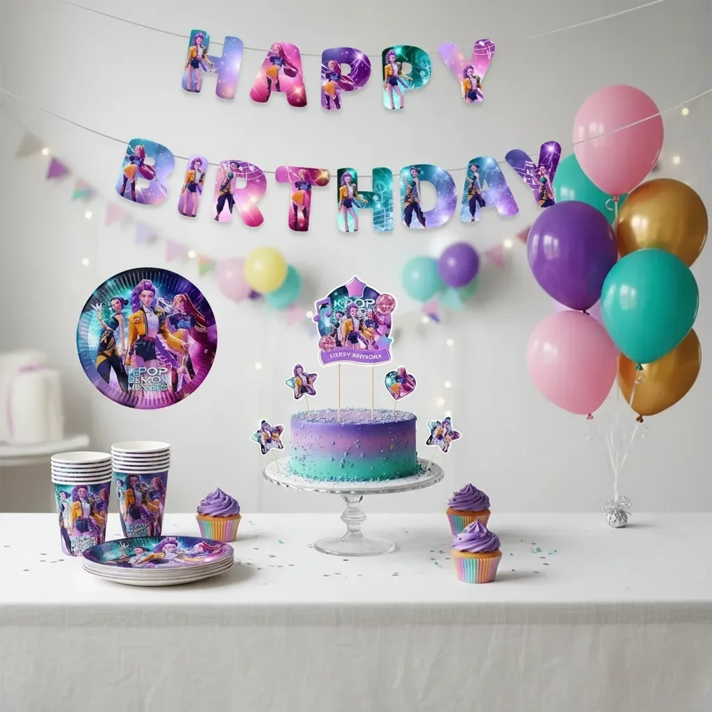 K-Pop doğum günü için siyah, mor ve gümüş balon kombinasyonu