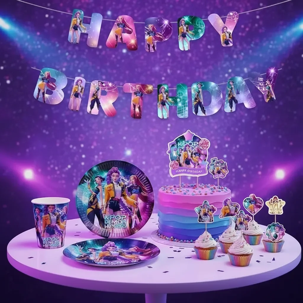 K-Pop temalı parti malzemeleri ile hazırlanmış ev doğum günü organizasyonu