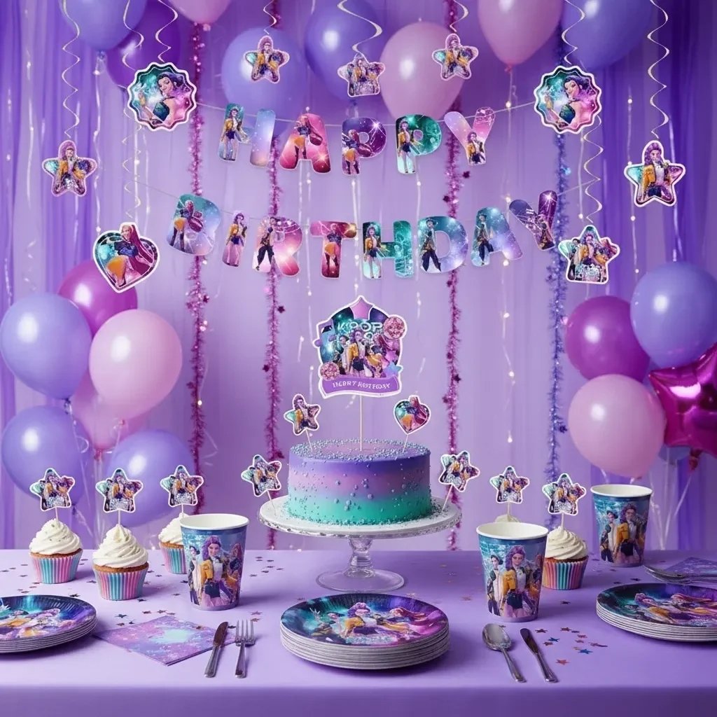 K-Pop doğum günü konsepti için sahne ışıkları ve yıldız detaylı balon süsleme