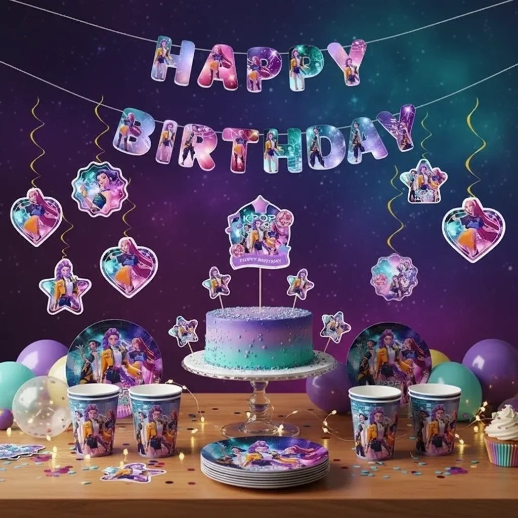 K-Pop temalı doğum günü masa düzeni, siyah ve pembe renklerde parti malzemeleri