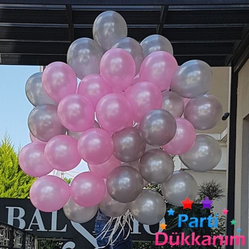 pembe gümüş sedefli uçan balon demeti