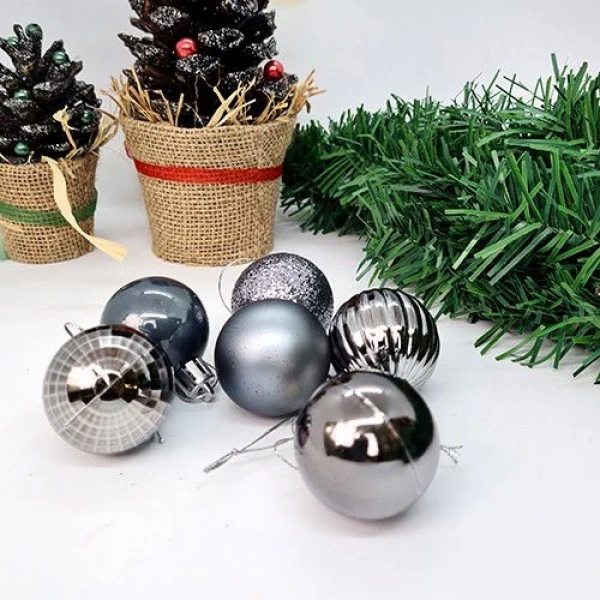 Uzay Gri Yılbaşı Top Süs Mat-Parlak-Simli-Aynalı 6 Adet 4 cm