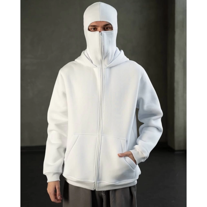 Beyaz Maskeli Polar Sweat (Üç İplik,Şardonlu),Maskeli Sweatshirt - Çift Cepli - New Season