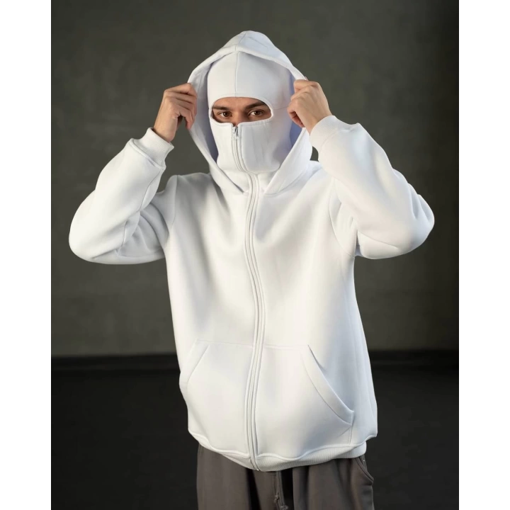 Beyaz Maskeli Polar Sweat (Üç İplik,Şardonlu),Maskeli Sweatshirt - Çift Cepli - New Season