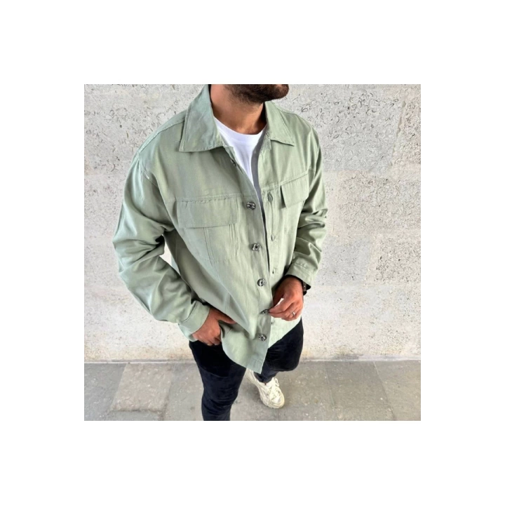 Mint/Su Yeşili Oversize Gabardin Gömlek, Erkek Gabardin Spor Gömlek,  Gabardin Gömlek