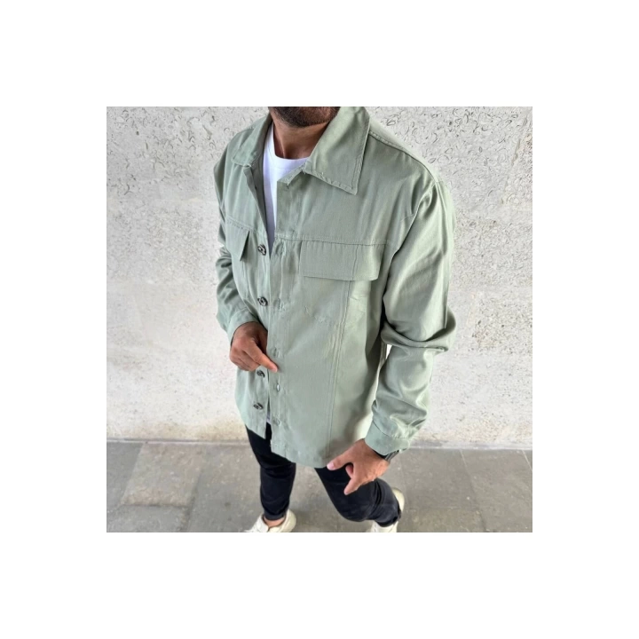 Mint/Su Yeşili Oversize Gabardin Gömlek, Erkek Gabardin Spor Gömlek,  Gabardin Gömlek