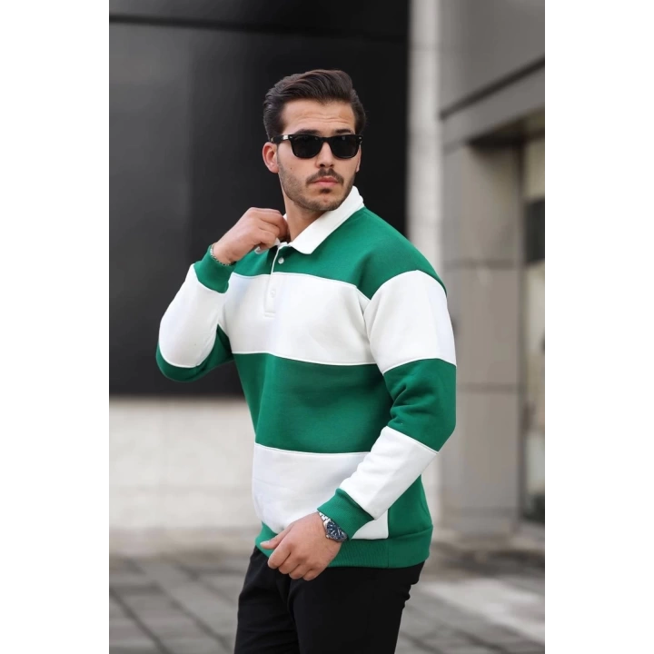 Haki/Beyaz Polo Yaka Sweatshirt,üç Iplik Polo Yaka Sweat, Spor Sweatshirt