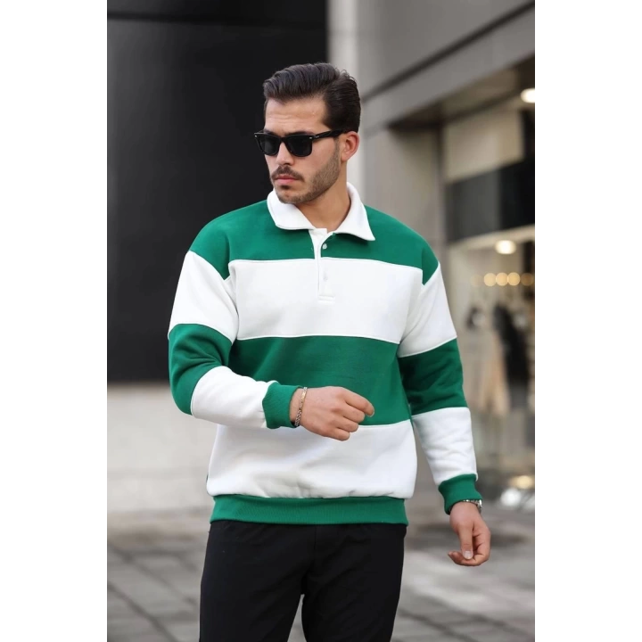 Haki/Beyaz Polo Yaka Sweatshirt,üç Iplik Polo Yaka Sweat, Spor Sweatshirt