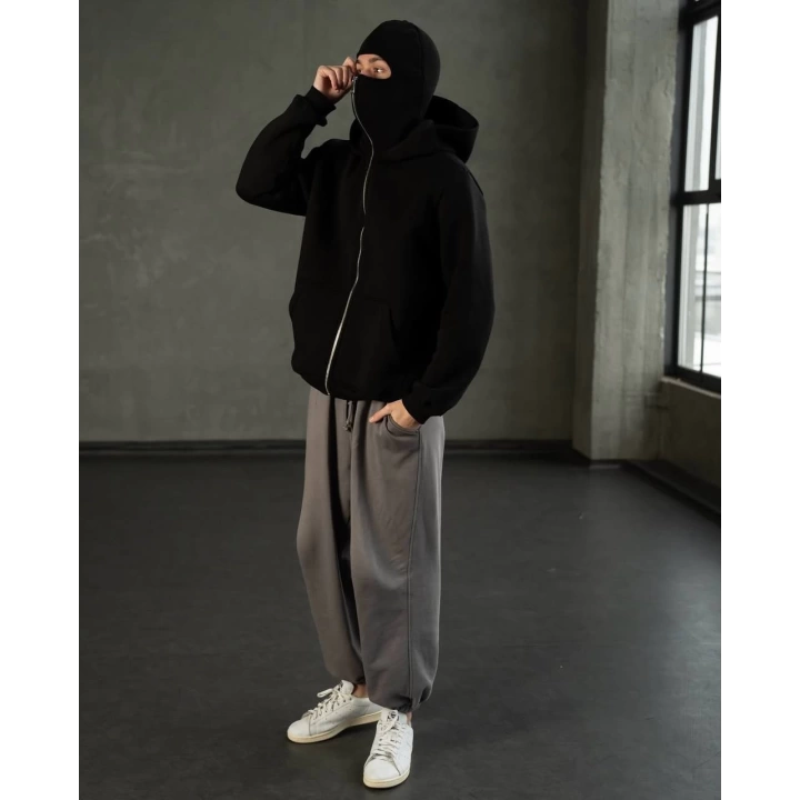 Siyah Maskeli Polar Sweat (Üç İplik,Şardonlu),Maskeli Sweatshirt - Çift Cepli - New Season