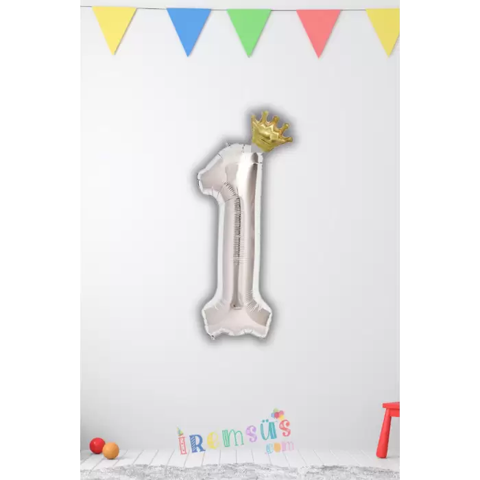 1 Yaş Doğum Günü Kral Taçlı Gümüş Renk Rakam Folyo Balon 1 Rakamı Folyo Balon Seti