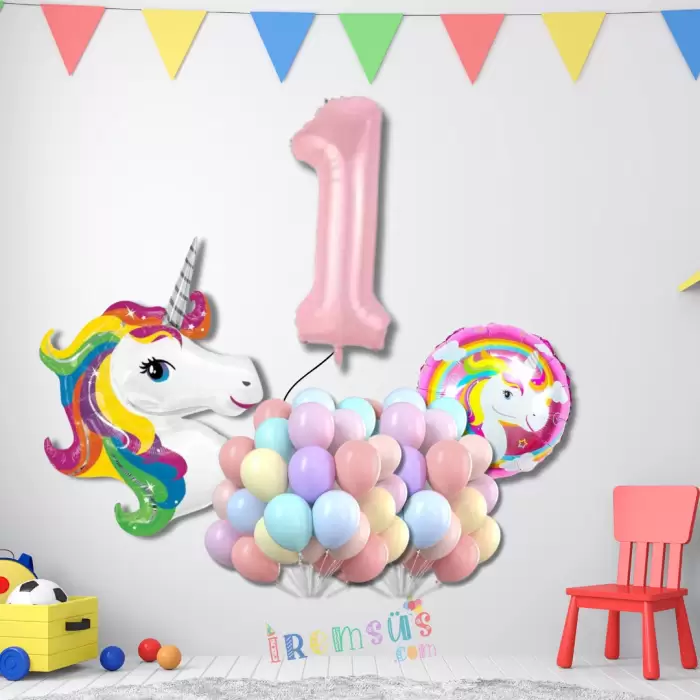 1 Yaş Doğum Günü Partisi Unicorn Tema Balon Süsleme Seti